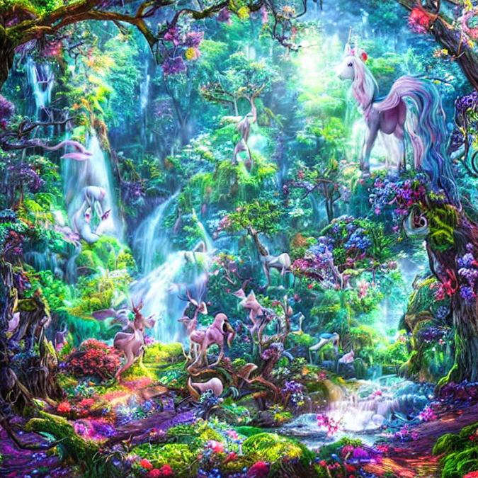 A whimsical and dreamy landscape of a magical forest